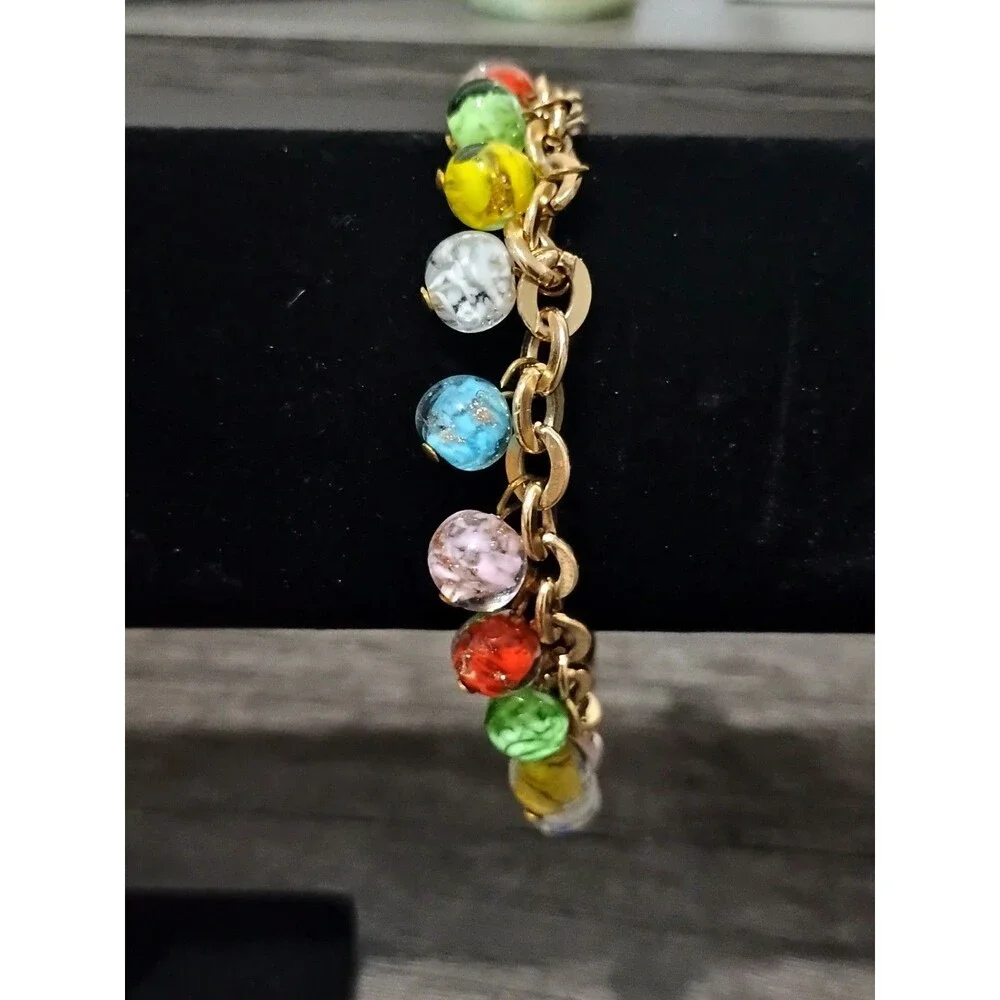 Murano Glass Red Green Blue Pink Yellow Charm Gold Tone Vintage Bracelet